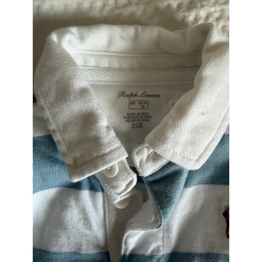 Polo Ralph Lauren Baby Boys Blue White Striped Polo Shortall Romper 6M - Picture 2 of 3